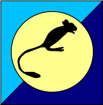 Facsimile of DD (Jerboa) Battery Badge. It is described as a crouching Jerboa in natural fawn on a desert circle background set inside a square of dark and light blue halves (diagonally). The 2 blues represent the parent Batteries, light blue for C Bty and dark blue for F Bty.
