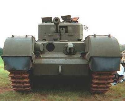 Front view of Churchill Crocodile, which shows hull BESA machine gun replaced with a flame gun instead.
