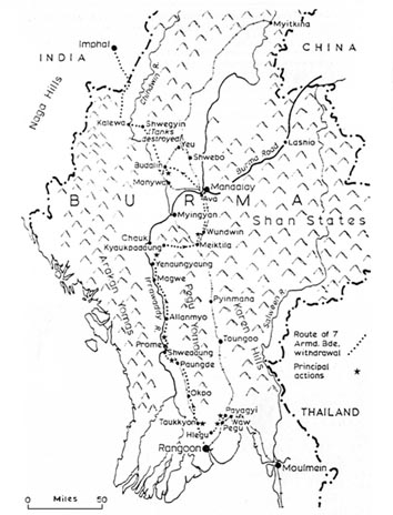 Route of 7th Armoured Brigade from Rangoon to Imphal. Click for a large version of the map.