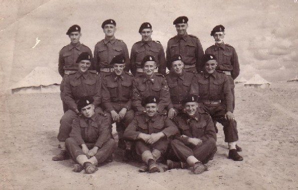 Left to Right:- Back Row: ?, Hadley, ?, ?, Trooper Harold Dixon. Middle Row: ?,  Francis, Cpl Doug Endacott, Clarke, Fyles, Front Row:  Boles, Daley, Tpr Ronny Bentham. Courtesy of Richard Ogden & Tpr Harold Dixon. If any knows someone in this picture, please contact me and I will pass the details on .
