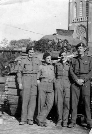 Tank Crew in Lubeck - Left to Right: Bert Arrowsmith, Denis Knight, Renee Houston, Tom Denning.