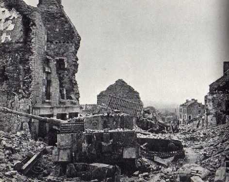 One of Wittman's Tigers in the ruins of Villers-Bocage after its liberation in August 1944